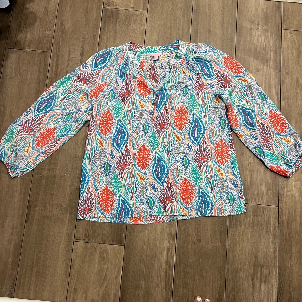 Lilly Pulitzer Elsa Silk Top- Colorful Coral Print